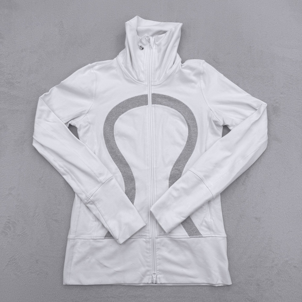 Lululemon Jacket Womens 6 White Gray Big Logo Full Zip Funnel Neck Athleisure